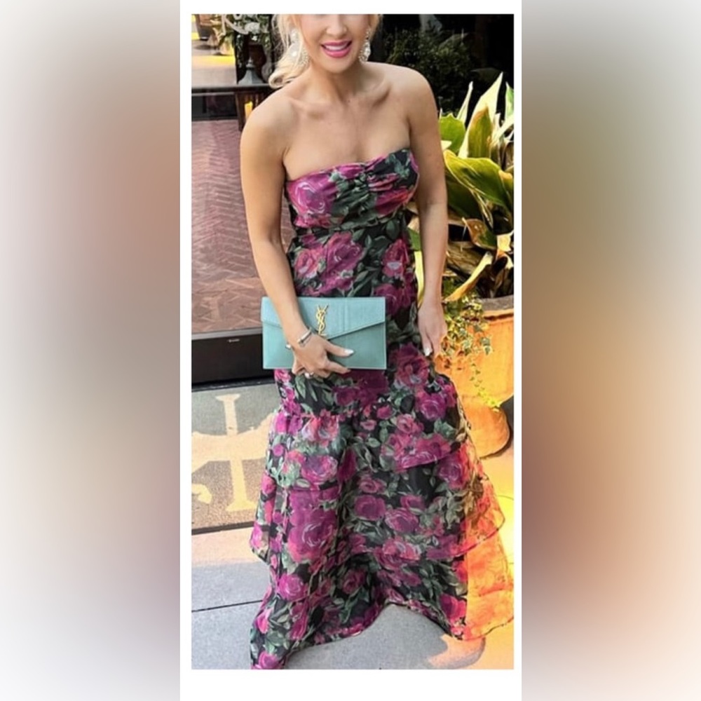 Fleur of Dreams Green and Pink Floral Print Organza Maxi Dress L